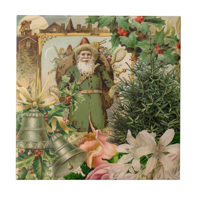 Old World Green Santa Christmas Collage Antique  Tile (Front)