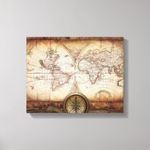Old World Map and Compass  Wrapped Canvas