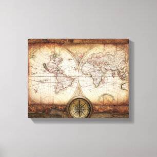 Old World Map and Compass  Wrapped Canvas