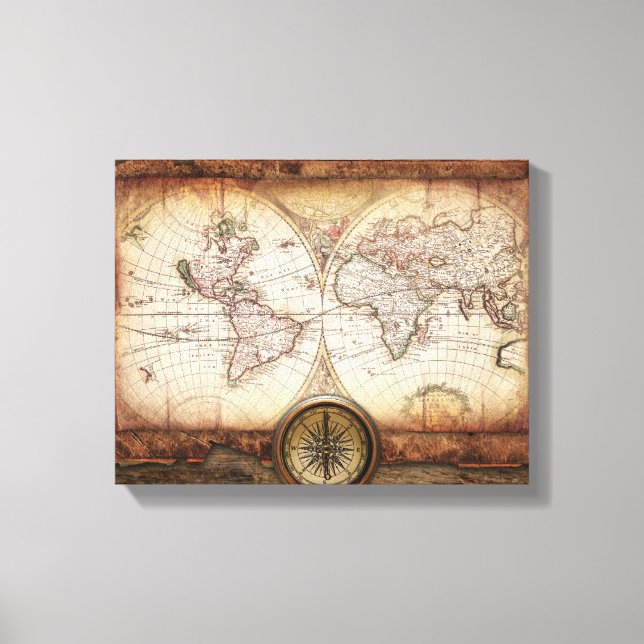 Old World Map and Compass  Wrapped Canvas (Front)