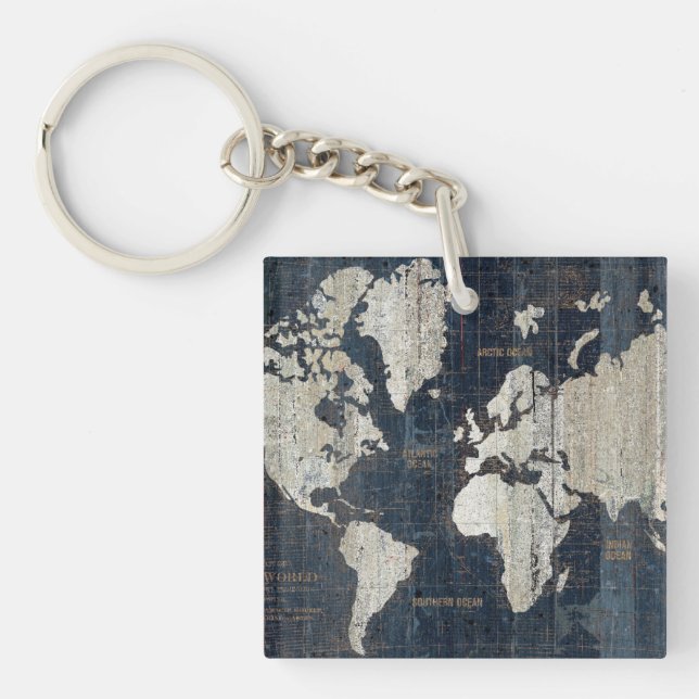 Old World Map Blue Key Ring (Front)