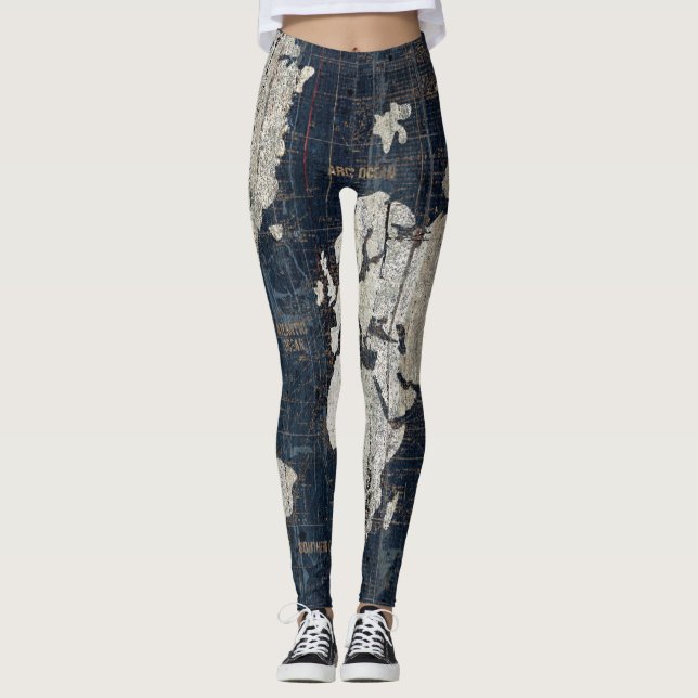 Old World Map Blue Leggings (Front)