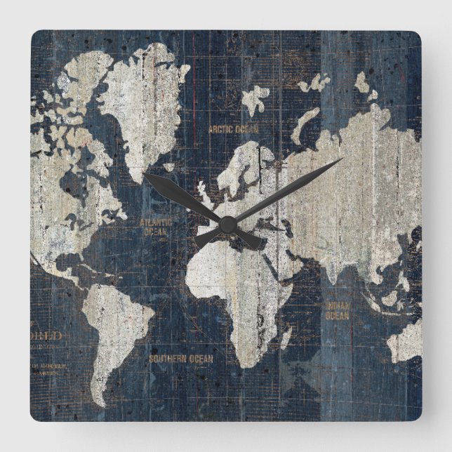Old World Map Blue Square Wall Clock (Front)