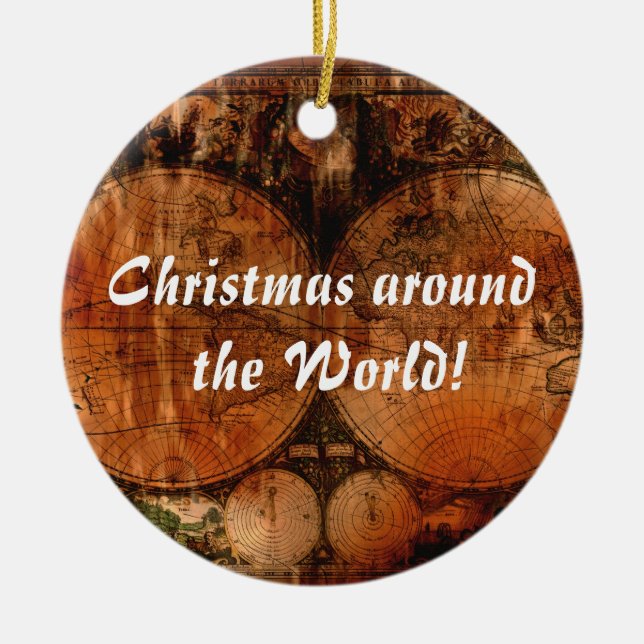 Old World Map Christmas Greetings Ceramic Tree Decoration (Front)