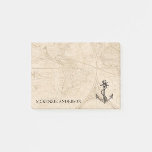 Old World Map Nautical Anchor Add Name 4x3 Post-it Notes