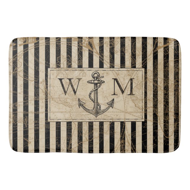 Old World Map Nautical Anchor Monogram Bath Mat (Front)