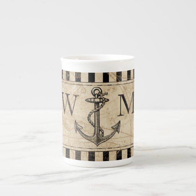 Old World Map Nautical Anchor Monogram Bone China Mug (Front)