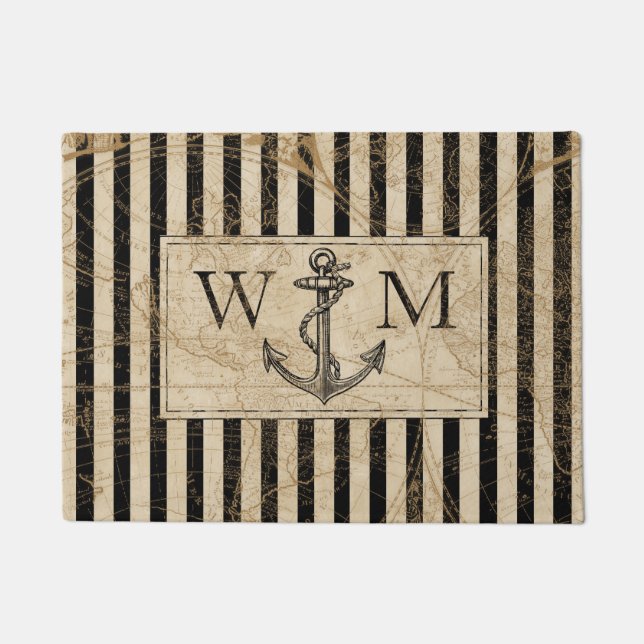 Old World Map Nautical Anchor Monogram Doormat (Front)