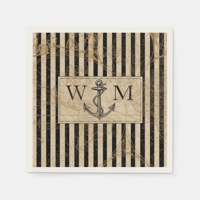 Old World Map Nautical Anchor Monogram Napkin (Front)
