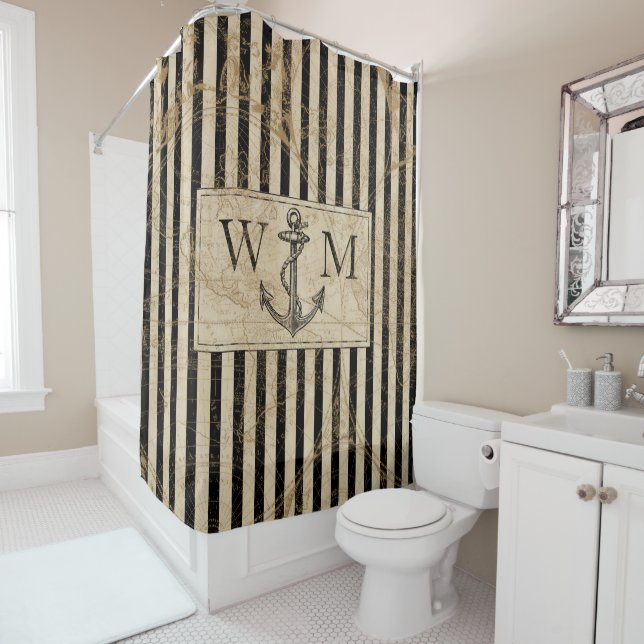 Old World Map Nautical Anchor Monogram Shower Curtain (In Situ)