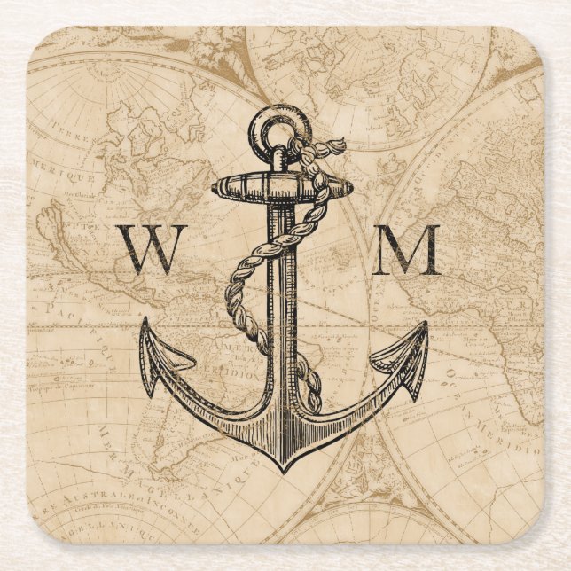 Old World Map Nautical Anchor Monogram Square Paper Coaster (Front)