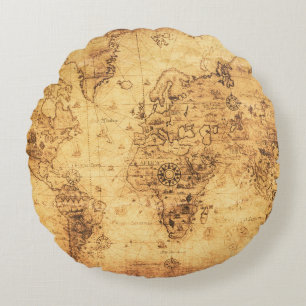 Old World Map: Stained Parchment Vintage Round Cushion