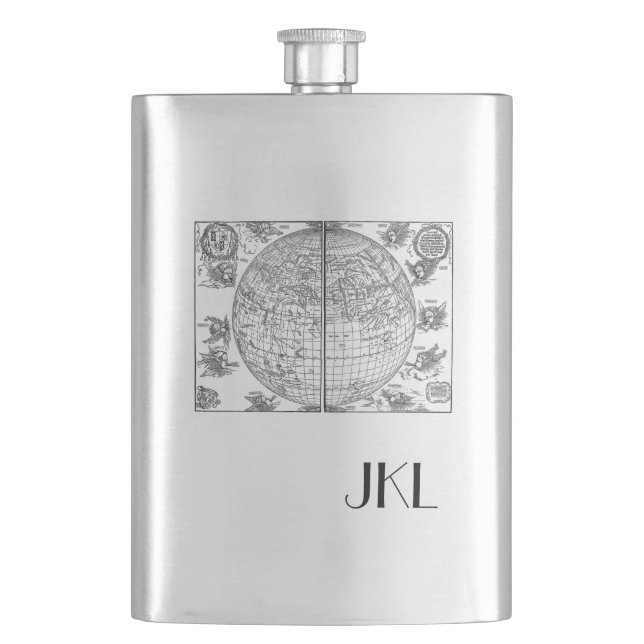 Old World Map with Monogram Hip Flask (Front)