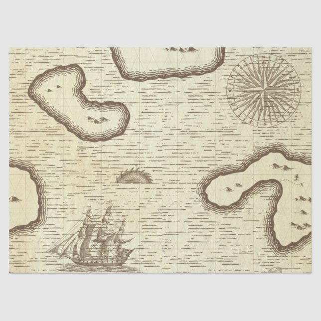 Old World Map with Ship on Cream Decoupage Tissue Paper (Front)