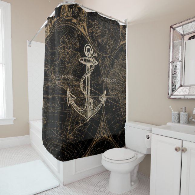 Old World Nautical Anchor Add Name Black Shower Curtain (In Situ)