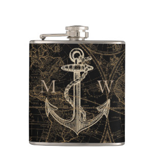 Old World Nautical Anchor Monogram Black Hip Flask
