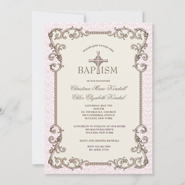 Old World Pink Baptism Twins Invitation (Front)