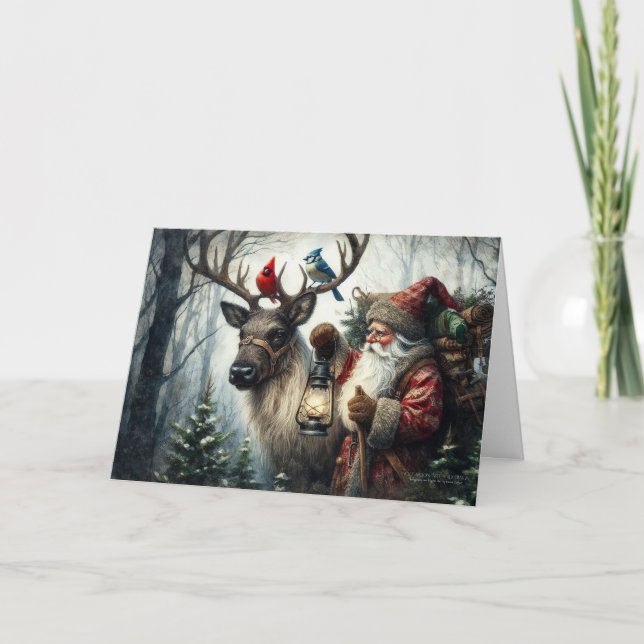 Old World Santa Snowy Woodland Reindeer Birds Holiday Card (Front)