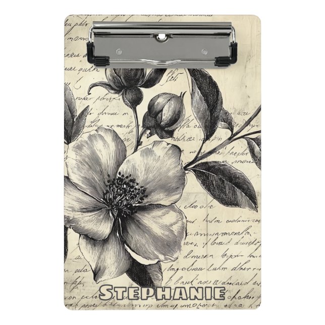 Old World Sepia Floral Sketch Parchment Mini Clipboard (Front)