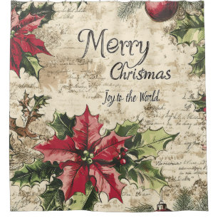 Old World Vintage Christmas Holly Pattern Shower Curtain