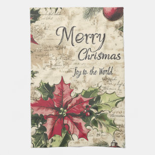 Old World Vintage Christmas Holly Pattern Tea Towel