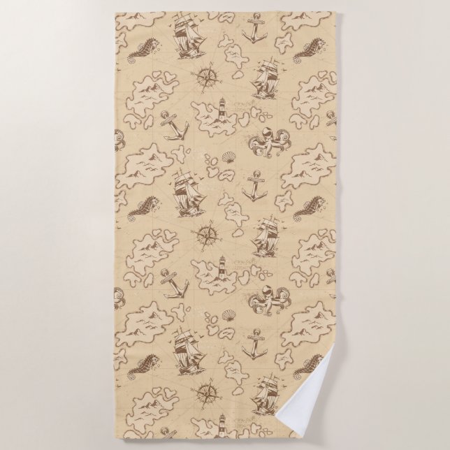 Olden nautical themed sepia pattern beach towel (Front)