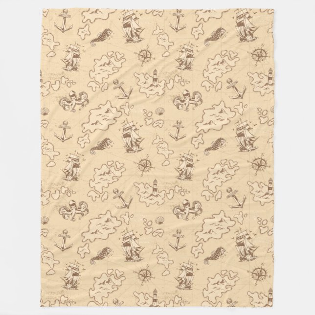 Olden nautical themed sepia pattern fleece blanket (Front)