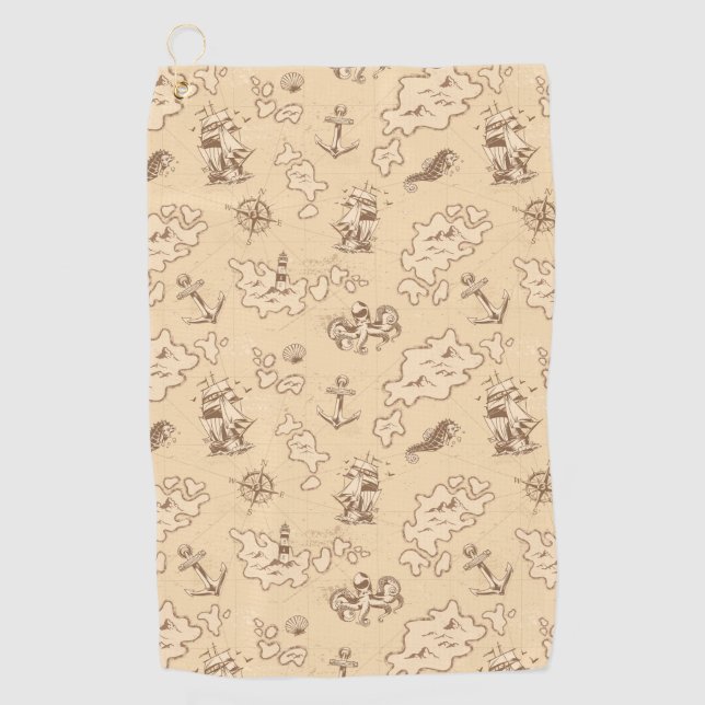 Olden nautical themed sepia pattern golf towel (Front)