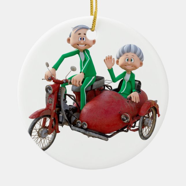 Older Couple on a Moped with Sidecar Ceramic Tree Decoration (Front)