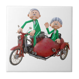 Older Couple on a Moped with Sidecar Tile