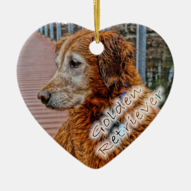 OLDER GOLDEN RETRIEVER ON DOCK CERAMIC TREE DECORATION (Front)