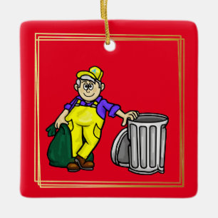 Older Grey Hair Garbage Man Christmas Ornament