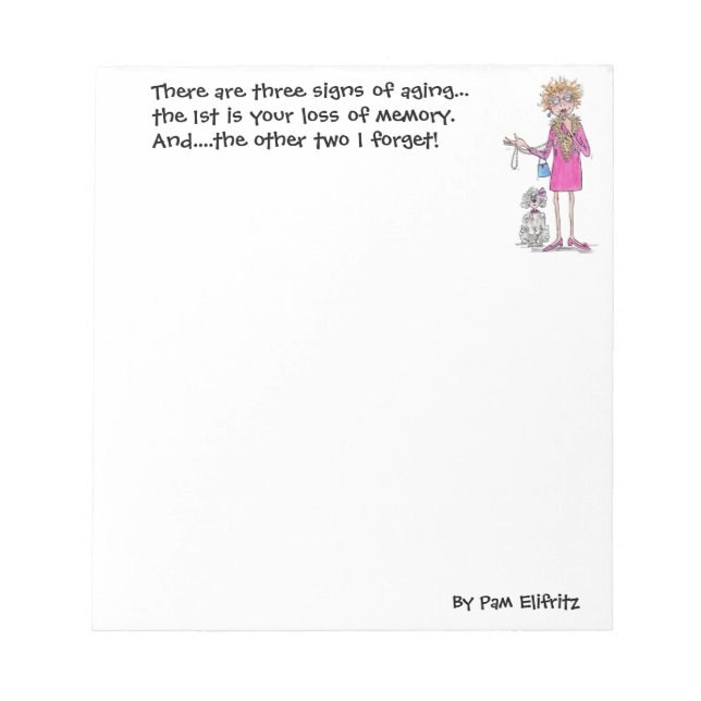 Older woman laughs about Signs of Aging Notepad (Front)