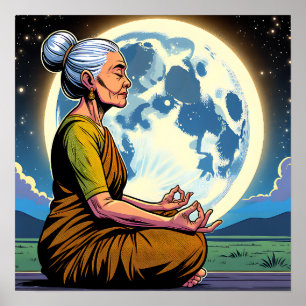 Older Woman Meditating Under the Moon Poster