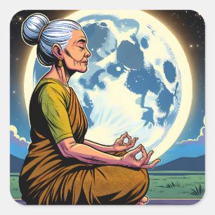 Older Woman Meditating Under the Moon Square Sticker