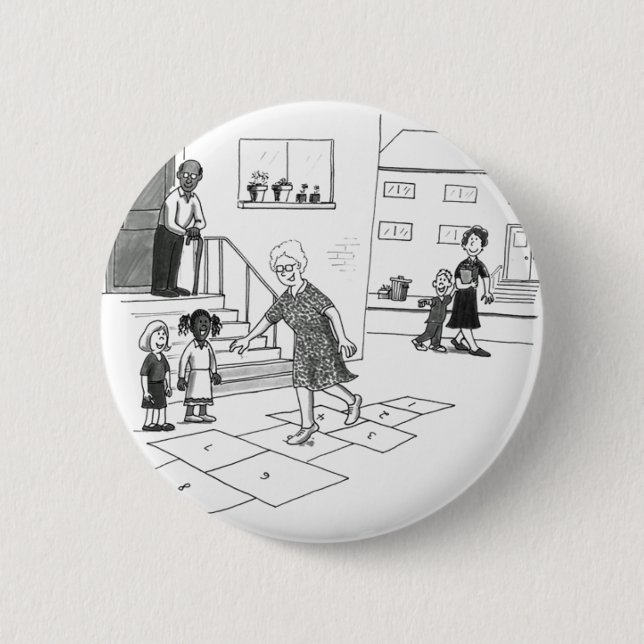 Older woman skips playing hopscotch with kids 6 cm round badge (Front)