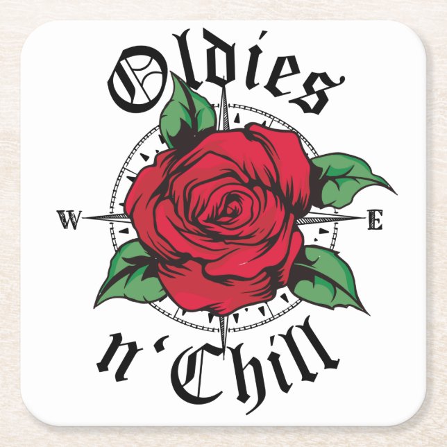 Oldies and Chill Compass Oldies Red Rose Square Paper Coaster (Front)