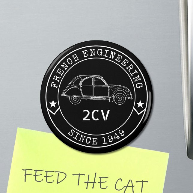 Oldtimer 2CV Abzeichen Engineering Emblem Magnet (2CV Magnet in Black with a White Badge Text Design and and Illustration of the Deux Chevaux )