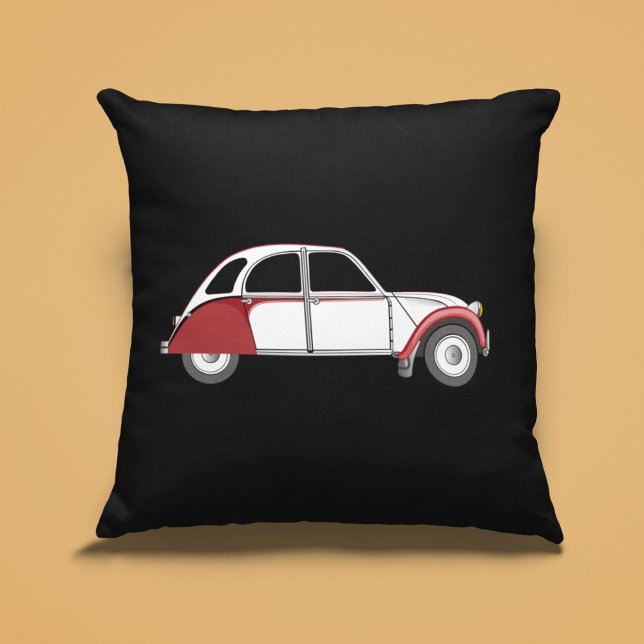 oldtimer 2CV Dolly Rot Cushion (2CV Pillow in Black with a White Red Deux Chevaux Dolly Illustration)