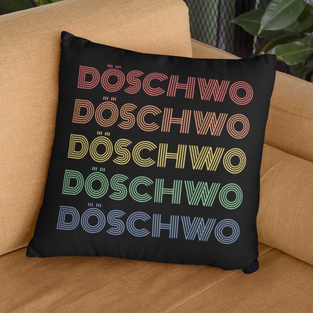 Oldtimer 2cv Ente 70er Döschwo Cushion (2CV Pillow in Black with a Red Blue Yellow Typography)