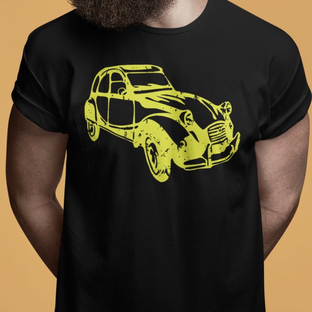 Oldtimer 2cv Ente Linienzeichnung Gelb T-Shirt (2CV Car Magnet in Black with a Yellow Deux Chevaux Illustration)