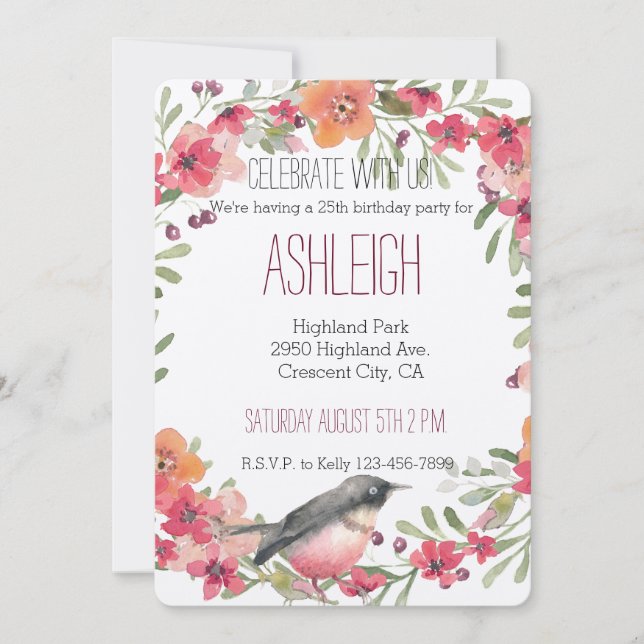Oleander and Bird Watercolor Floral birthday Invitation (Front)