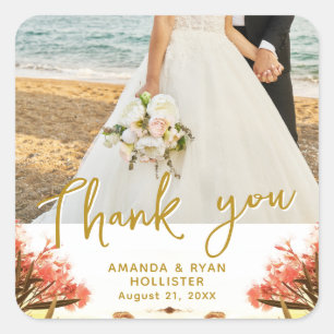 Oleander on Beach Photo Wedding Thank you Favour Square Sticker