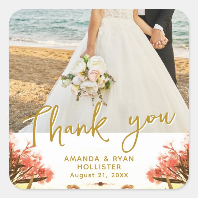 Oleander on Beach Photo Wedding Thank you Favour Square Sticker (Front)