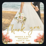Oleander on Beach Photo Wedding Thank you Favour Square Sticker<br><div class="desc">Oleander on Beach Photo Wedding Thank you Favour Square Sticker. Orange oleander flowers on the beach - great for a beach wedding. A modern favour sticker with your wedding photo,  bride`s and groom`s names and wedding date.</div>