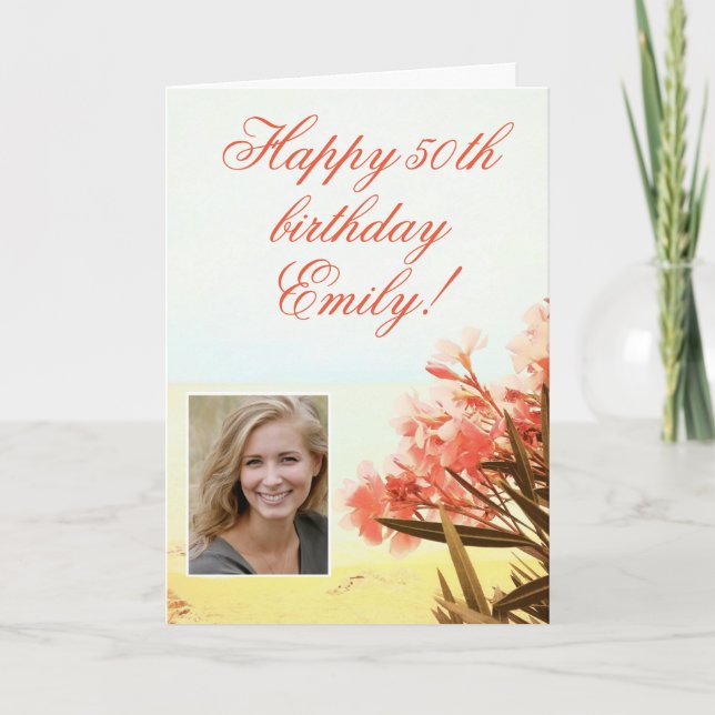 Oleander Orange Flower Floral Photo 50th Birthday  Card (Front)