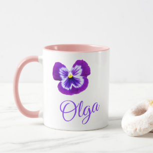 "Olga" Name Logo With A Purple Pansy Mug