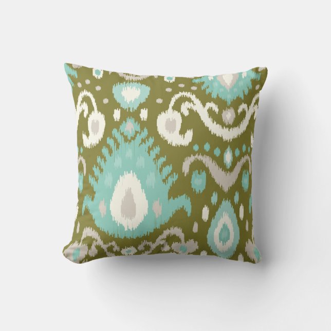 Olive and Aqua Ikat Print Cushion (Front)