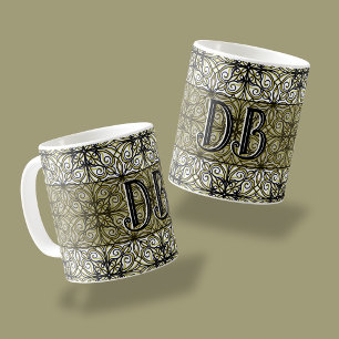 Olive and Black Filigree Patterned Coffee Mug