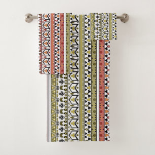 Olive and brown geometric ethnic ornament bath towel set